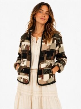 Vintage Tapestry Jacquard Zip Jacket Cottagecore Boho Neutral Patchwork, M